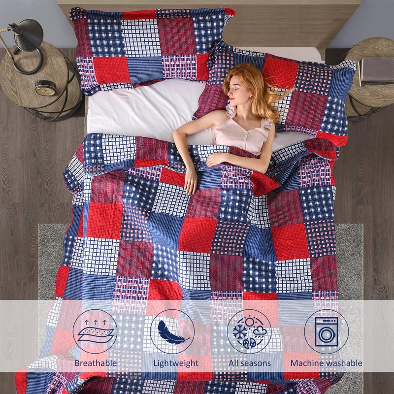 JessyHome Jessy Home Plaid Quilt Set King Bedspread Coverlet Set Red Blue White Patchwork King Size Quilt Set Bedding Soft Lightweight Quilts Coverlet Country Reversible Quilt Bed Spread with 2 Pillow Shams - Image 2